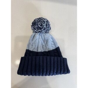 Navy Blue and Gray Cable Knit Pom Pom Beanie Winter Hat Ribbed Cuff Kids